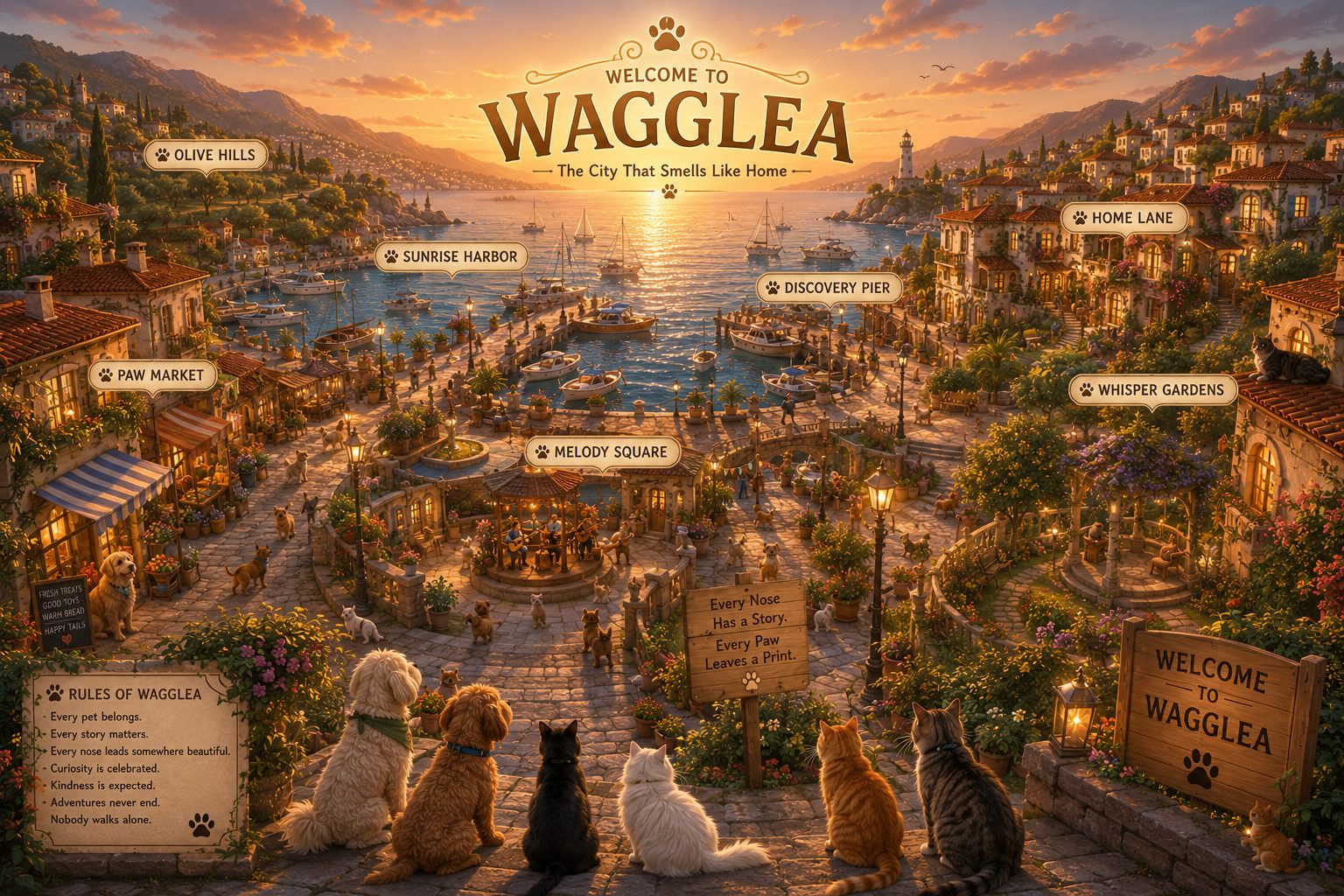 Illustrated map of the fictional WAGGLEA city with Paw Market, Sunrise Harbor, Melody Square and more