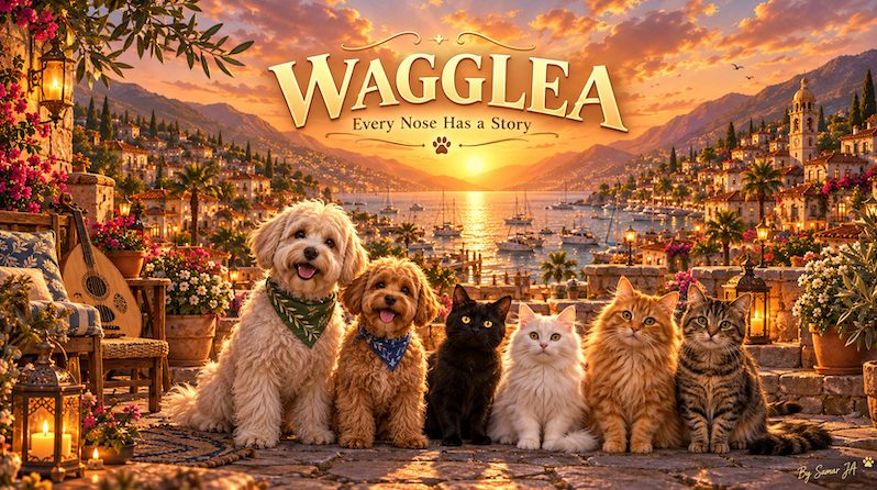 WAGGLEA: two dogs and four cats looking out over a golden harbour town, with the words Every Nose Has a Story