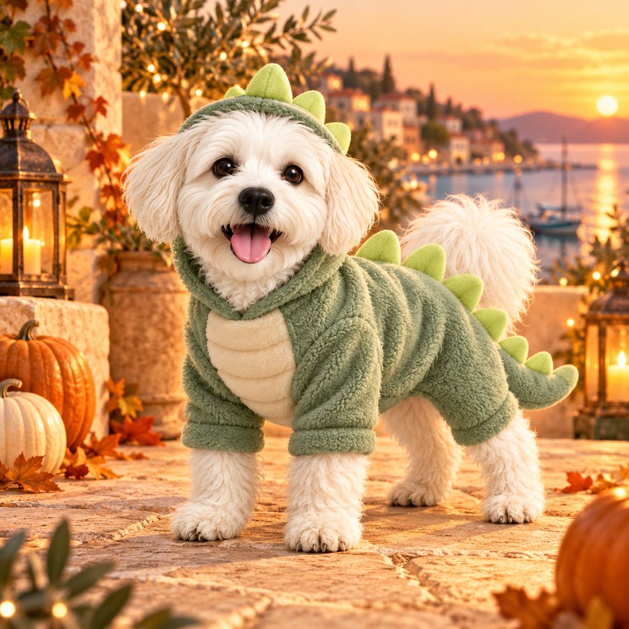 Olso in a sage-green dinosaur costume among pumpkins