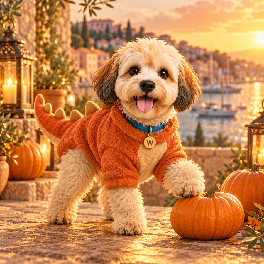 Smurf in an orange dinosaur costume with a pumpkin