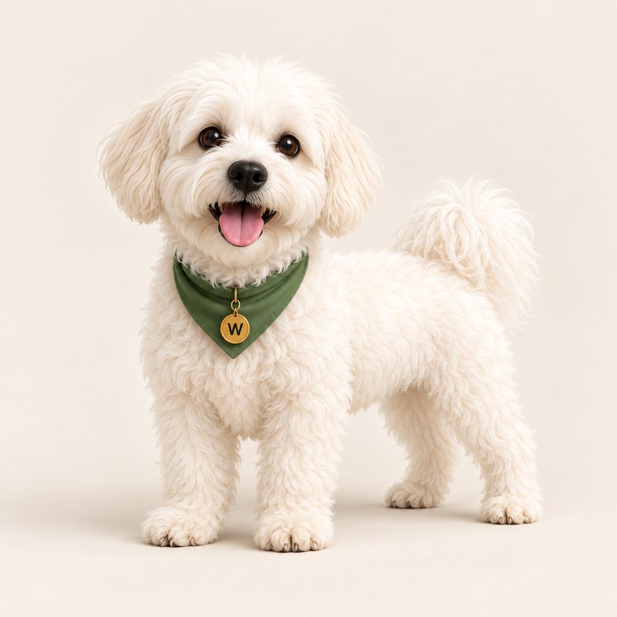Olso, a white fluffy dog with a green bandana and gold W tag