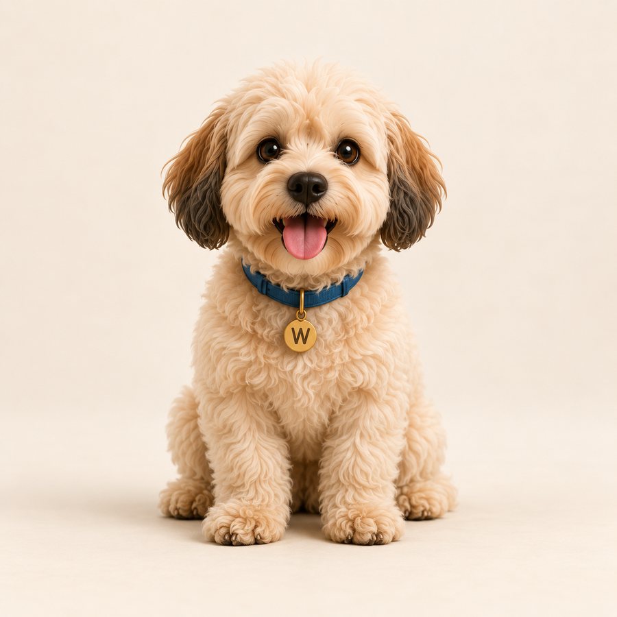 Smurf, a cream and apricot fluffy dog with darker brown floppy ears, a blue collar and a gold W tag