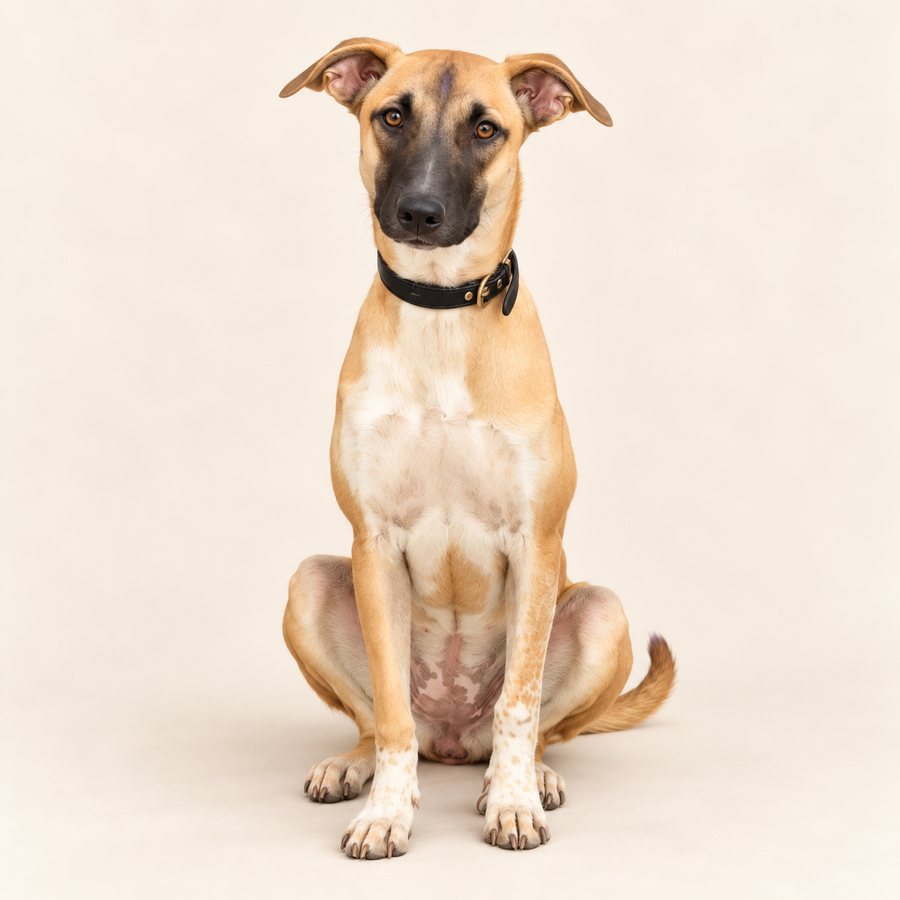 Sultana, a lean sandy-tan dog with a dark charcoal muzzle, amber-brown eyes, pale chest and a black collar
