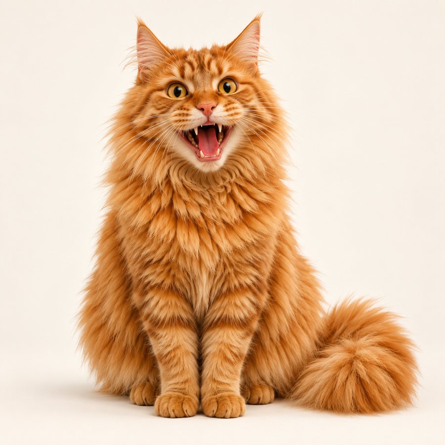 Tigger, a fluffy orange cat with a large expressive face and bushy tail